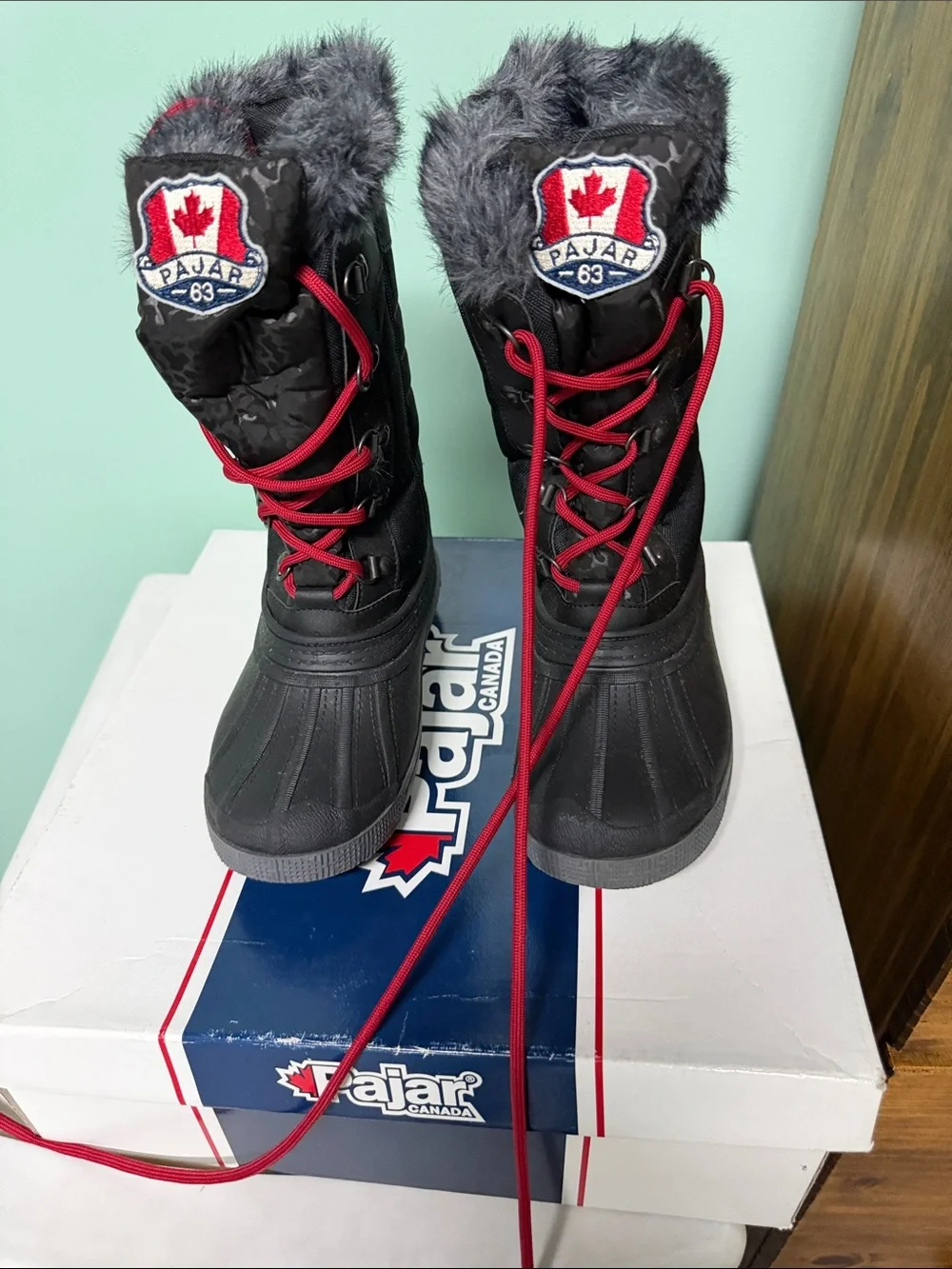 Pajar Black Winter Boots with Red Laces and Faux Fur Trim